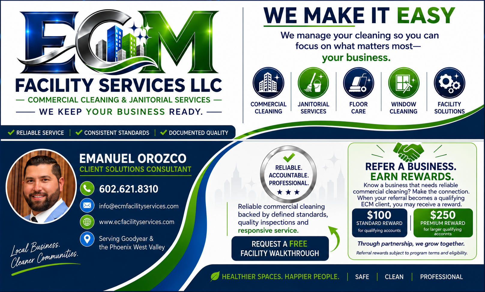 ECM Facility Services with Emanuel Orozco, Client Solutions Consultant, phone 602-621-8310, services and referral information